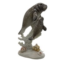 8" Gray Manatee With a Baby on Faux Coral Polyresin Coastal Statue