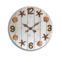 20" Round Distressed White and Brown Seashell Coastal Wall Clock