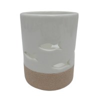 4" White and Sand Ceramic Fish Cutout Coastal Votive Holder