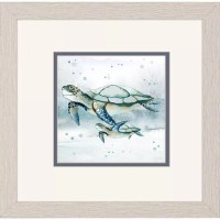 11" Sq Two Big Eye Sea Turtles Swimming Framed Coastal Print Under Glass