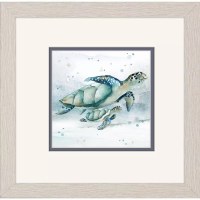 11" Sq Two Small Eye Sea Turtles Swimming Framed Coastal Print Under Glass