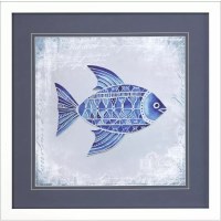 29" Sq Blue Pattern Fish Framed COastal Print Under Glass