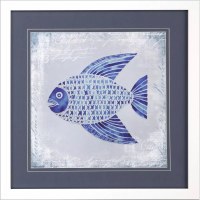 29" Sq Blue "XX" Pattern Fish Framed Coastal Print Under Glass