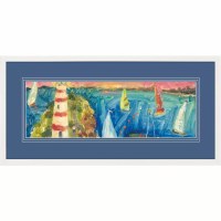 15" x 31" Multicolor Sailboats With a Lighthouse Framed Coastal Print Under Glass