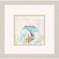 11" Sq Blue Sea Turtle With Two Flippers Showing Framed Coastal Print Under Glass