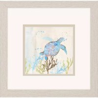 11" Sq Blue Sea Turtle With All Four Flippers Showing Framed Coastal Print Under Glass