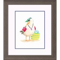 22" x 19" Seagull With a Beach Bag Framed Coastal Print Under Glass