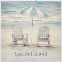 20" Sq "Sanibel Island" Two Beach Chairs With an Umbrella Coastal Canvas