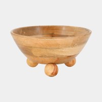 12" Round Brown Mango Wood Bowl With Ball Feet