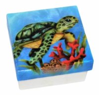 3" Sq Green Sea Turtle Swimming in Blue Water Coastal Capiz Box