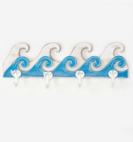 15" Blue and White Waves Four Coastal Wall Hooks