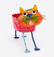 11" Pink and Multicolor Metal Cat Pot