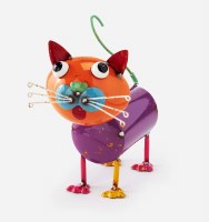 11" Purple and Multicolor Metal Cat Statue