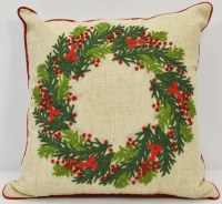 16" Sq Red Berries and Pine Wreath Decorative Christmas Pillow