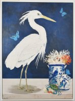 59" x 44" White Egret on Navy Coastal Canvas in a White Frame