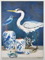 59" x 44" Blue Heron on Navy Coastal Canvas in a White Frame