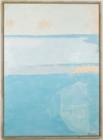 59" x 44" Light Blue Horizon coastal Canvas in a Distressed Wood Frame