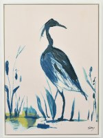 38" x 28" Dark Blue Heron 1 Coastal Canvas in a White Frame