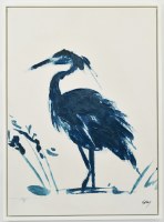 38" x 28" Dark Blue Heron 2 Coastal Canvas in a White Frame