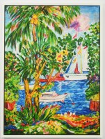 32" x 24" Palm Tree Harbor Coastal Canvas in a White Frame