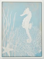 32" x 24" White Seahorse 1 on Light Blue Coastal Canvas in a White Frame