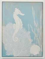 32" x 24" White Seahorse 2 on Light Blue Coastal Canvas in a White Frame