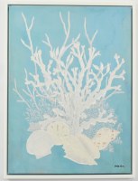 32" x 24" White Coral 1 on Light Blue Coastal Canvas in a White Frame