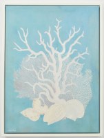 32" x 24" White Coral 2 on Light Blue Coastal Canvas in a White Frame