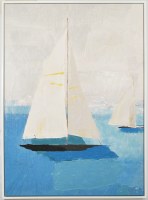 59" x 44" Two White Sailboats on the Horizon Coastal Canvas in a White Frame