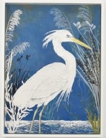 32" x 24" White Egret on Dark Blue Coastal Canvas in a White Frame