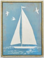 32" x 24" White Sailboat on Dark Blue Coastal Canvas in a White Frame