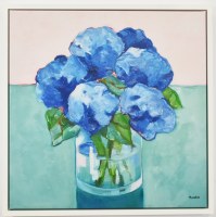 24" Sq Blue Hydrangea Arrangements Canvas in a White Frame