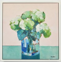 24" Sq Green Hydrangea Arrangement Canvas in a White Frame