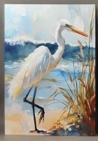 28" x 20" White Egret on a Beach With Dark Blue Water Coastal Canvas