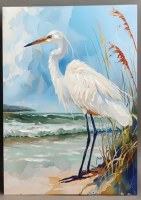 28" x 20" White Egret on a Beach With Blue Green Water Coastal Canvas