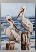 28" x 20" Two Pelicans on Pilings Coastal Canvas