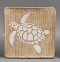 8" Sq Whitwash and Brown Carved Sea Turtle Coastal Wood Wall Art Plaque