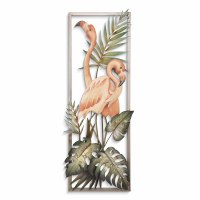 46" x 16" Two Wood Flamingos and Metal Tropical Leaves Framed Coastal Wall Art Plaque MM951