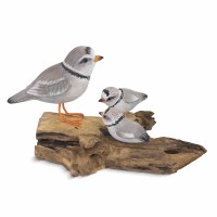 8" Piping Plover With Two Chicks on a Wood Base Coastal Sculpture