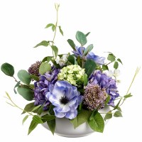 10" Faux Blue and White Flowers in a White Ceramic Vase