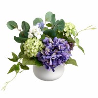 9" Faux Blue and White Flowers in a White Ceramic Vase