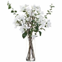 39" Faux White Bougainvillea With Twigs in a Glass Vase