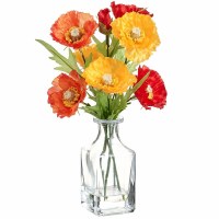 10" Faux Orange and Red Poppies in a Glass Vase