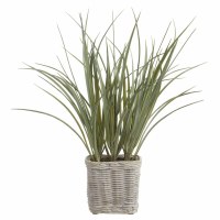 16" Faux Green Grass in a Gray Square Faux Weave Cement Pot