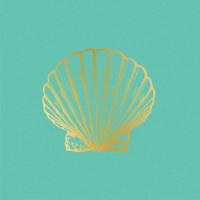 5" Square Gold Scallop Shell on Aqua Beverage Napkins