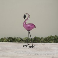 12" Pink Glass and Metal Flamingo Statue