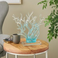 14" Clear and Blue Polyresin Coral on a Glass Base Statue