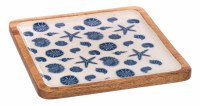 10" Sq Blue and White Wood Seashells Tray