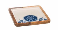 8" Sq Blue and White Wood Seashells Tray