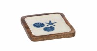 6" Sq Blue and White Wood Seashells Tray